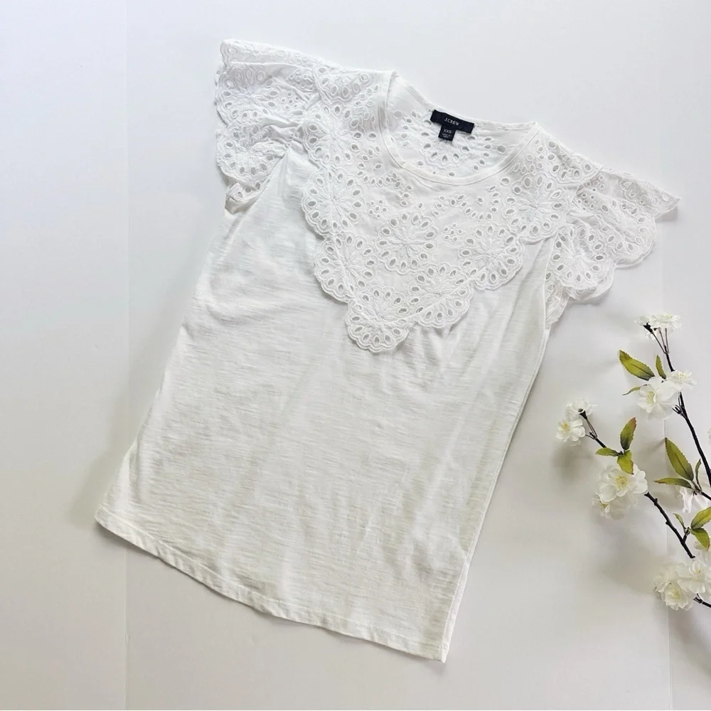 J.Crew White Ruffle Short Sleeve Top